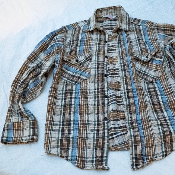 100% Brown and Light Blue Cotton Flannel - Picture 2 of 5